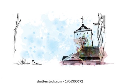Building view with landmark of Regensburg, a Bavarian city on the Danube River in southeast Germany. Watercolor splash Hand drawn sketch illustration in vector.