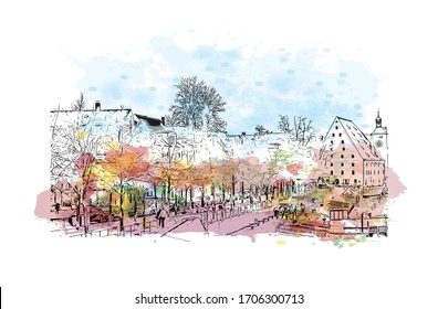 Building view with landmark of Regensburg, a Bavarian city on the Danube River in southeast Germany. Watercolor splash Hand drawn sketch illustration in vector.