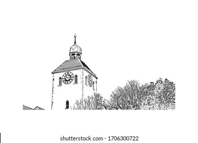 Building view with landmark of Regensburg, a Bavarian city on the Danube River in southeast Germany. Hand drawn sketch illustration in vector.