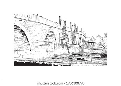 Building view with landmark of Regensburg, a Bavarian city on the Danube River in southeast Germany. Hand drawn sketch illustration in vector.