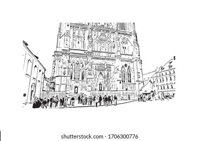 Building view with landmark of Regensburg, a Bavarian city on the Danube River in southeast Germany. Hand drawn sketch illustration in vector.