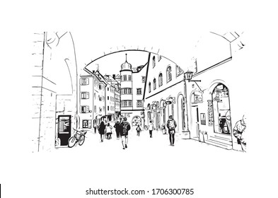 Building view with landmark of Regensburg, a Bavarian city on the Danube River in southeast Germany. Hand drawn sketch illustration in vector.