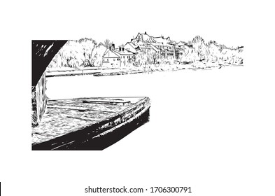 Building view with landmark of Regensburg, a Bavarian city on the Danube River in southeast Germany. Hand drawn sketch illustration in vector.
