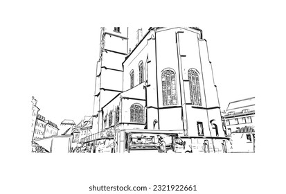 Building view with landmark of Regensburg is the city in Germany. Hand drawn sketch illustration in vector. 