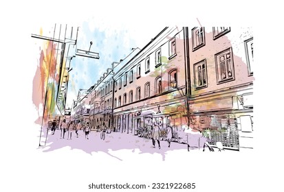 Building view with landmark of Regensburg is the city in Germany. Watercolor splash with hand drawn sketch illustration in vector. 