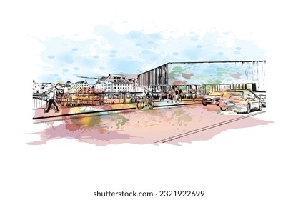 Building view with landmark of Regensburg is the city in Germany. Watercolor splash with hand drawn sketch illustration in vector. 