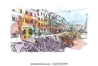 Building view with landmark of Regensburg is the city in Germany. Watercolor splash with hand drawn sketch illustration in vector. 
