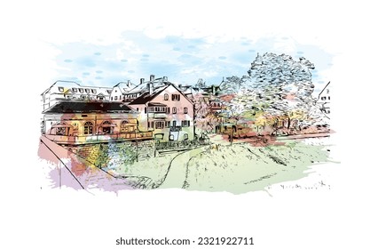 Building view with landmark of Regensburg is the city in Germany. Watercolor splash with hand drawn sketch illustration in vector. 