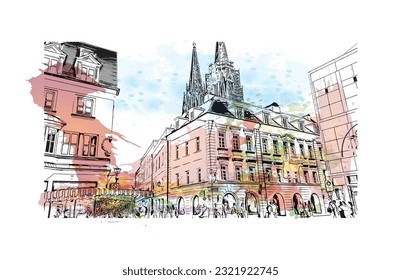 Building view with landmark of Regensburg is the city in Germany. Watercolor splash with hand drawn sketch illustration in vector. 