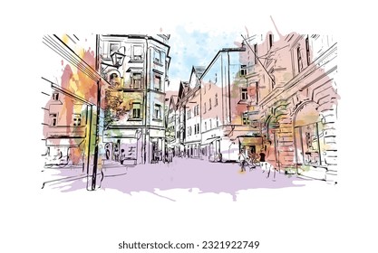 Building view with landmark of Regensburg is the city in Germany. Watercolor splash with hand drawn sketch illustration in vector. 