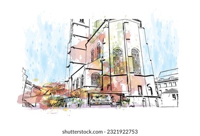 Building view with landmark of Regensburg is the city in Germany. Watercolor splash with hand drawn sketch illustration in vector. 