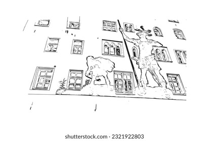 Building view with landmark of Regensburg is the city in Germany. Hand drawn sketch illustration in vector. 