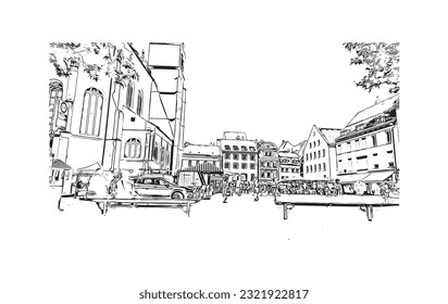 Building view with landmark of Regensburg is the city in Germany. Hand drawn sketch illustration in vector. 