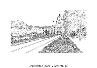 Building view with landmark of Regina is the city in Canada. Hand drawn sketch illustration in vector.