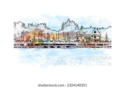 Building view with landmark of Regina is the city in Canada. Watercolor splash with hand drawn sketch illustration in vector.