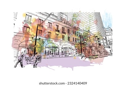 Building view with landmark of Regina is the city in Canada. Watercolor splash with hand drawn sketch illustration in vector.