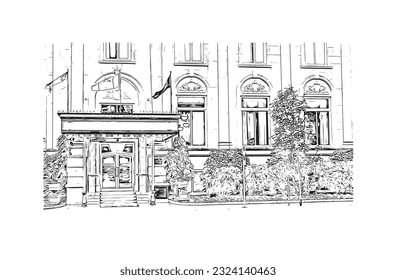 Building view with landmark of Regina is the city in Canada. Hand drawn sketch illustration in vector.
