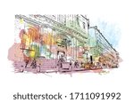 Building view with landmark of Rennes is the capital city of Brittany, northwest France. Watercolor splash with Hand drawn sketch illustration in vector.