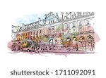 Building view with landmark of Rennes is the capital city of Brittany, northwest France. Watercolor splash with Hand drawn sketch illustration in vector.