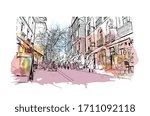 Building view with landmark of Rennes is the capital city of Brittany, northwest France. Watercolor splash with Hand drawn sketch illustration in vector.