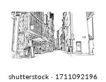 Building view with landmark of Rennes is the capital city of Brittany, northwest France. Hand drawn sketch illustration in vector.