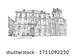 Building view with landmark of Rennes is the capital city of Brittany, northwest France. Hand drawn sketch illustration in vector.