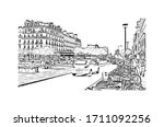 Building view with landmark of Rennes is the capital city of Brittany, northwest France. Hand drawn sketch illustration in vector.
