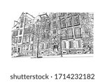 Building view with landmark of Rennes is the capital city of Brittany, northwest France. Hand drawn sketch illustration in vector.