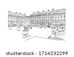 Building view with landmark of Rennes is the capital city of Brittany, northwest France. Hand drawn sketch illustration in vector.
