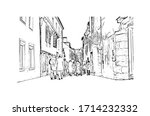 Building view with landmark of Rennes is the capital city of Brittany, northwest France. Hand drawn sketch illustration in vector.