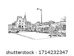 Building view with landmark of Rennes is the capital city of Brittany, northwest France. Hand drawn sketch illustration in vector.
