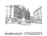Building view with landmark of Rennes is the capital city of Brittany, northwest France. Hand drawn sketch illustration in vector.