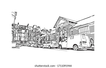 Building view with landmark of Rennes is the capital city of Brittany, northwest France. Hand drawn sketch illustration in vector.