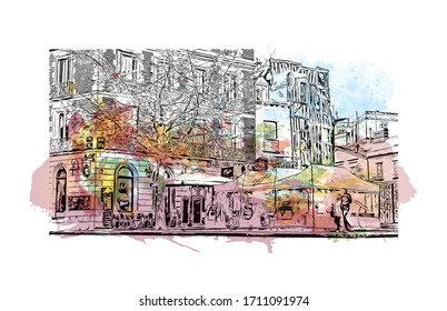 Building view with landmark of Rennes is the capital city of Brittany, northwest France. Watercolor splash with Hand drawn sketch illustration in vector.