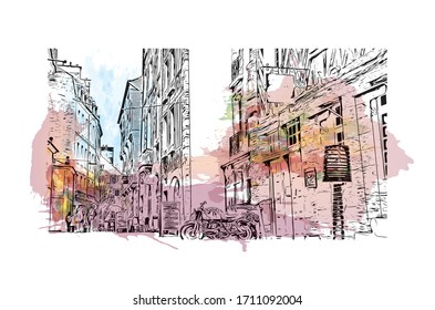 Building view with landmark of Rennes is the capital city of Brittany, northwest France. Watercolor splash with Hand drawn sketch illustration in vector.