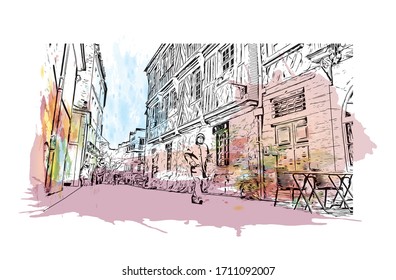 Building view with landmark of Rennes is the capital city of Brittany, northwest France. Watercolor splash with Hand drawn sketch illustration in vector.