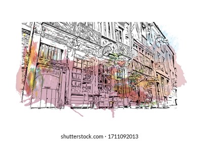 Building view with landmark of Rennes is the capital city of Brittany, northwest France. Watercolor splash with Hand drawn sketch illustration in vector.