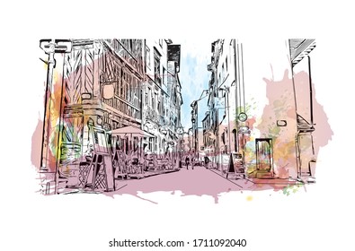 Building view with landmark of Rennes is the capital city of Brittany, northwest France. Watercolor splash with Hand drawn sketch illustration in vector.