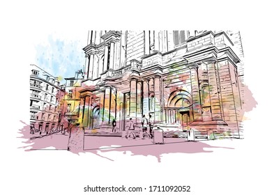 Building view with landmark of Rennes is the capital city of Brittany, northwest France. Watercolor splash with Hand drawn sketch illustration in vector.