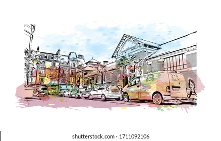 Building view with landmark of Rennes is the capital city of Brittany, northwest France. Watercolor splash with Hand drawn sketch illustration in vector.