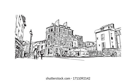 Building view with landmark of Rennes is the capital city of Brittany, northwest France. Hand drawn sketch illustration in vector.