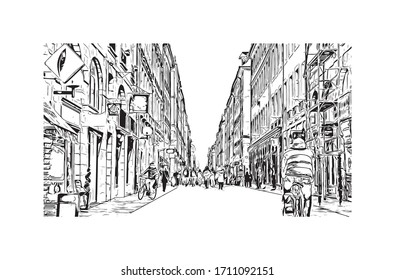 Building view with landmark of Rennes is the capital city of Brittany, northwest France. Hand drawn sketch illustration in vector.