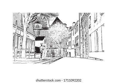 Building view with landmark of Rennes is the capital city of Brittany, northwest France. Hand drawn sketch illustration in vector.