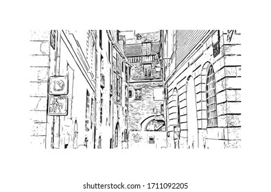 Building view with landmark of Rennes is the capital city of Brittany, northwest France. Hand drawn sketch illustration in vector.