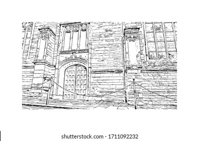 Building view with landmark of Rennes is the capital city of Brittany, northwest France. Hand drawn sketch illustration in vector.