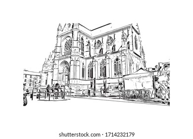 Building view with landmark of Rennes is the capital city of Brittany, northwest France. Hand drawn sketch illustration in vector.
