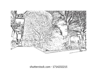 Building view with landmark of Rennes is the capital city of Brittany, northwest France. Hand drawn sketch illustration in vector.