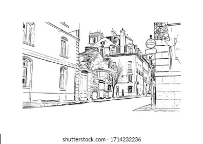 Building view with landmark of Rennes is the capital city of Brittany, northwest France. Hand drawn sketch illustration in vector.