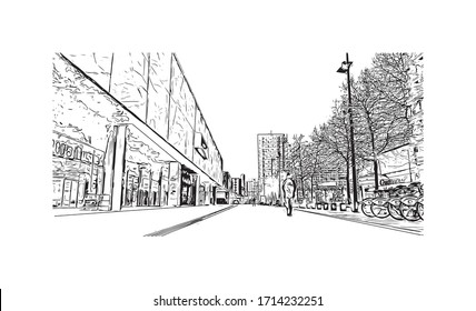 Building view with landmark of Rennes is the capital city of Brittany, northwest France. Hand drawn sketch illustration in vector.