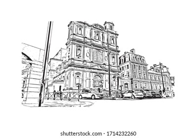 Building view with landmark of Rennes is the capital city of Brittany, northwest France. Hand drawn sketch illustration in vector.